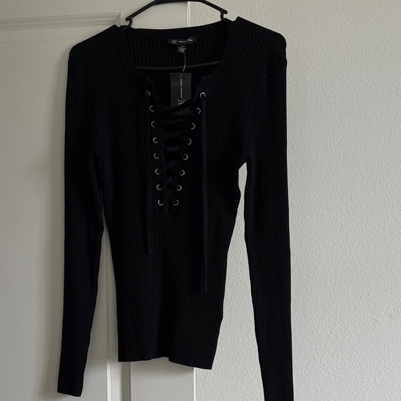 INC International Concepts Black Lace-Up Ribbed Blouse - Picture 1 of 6